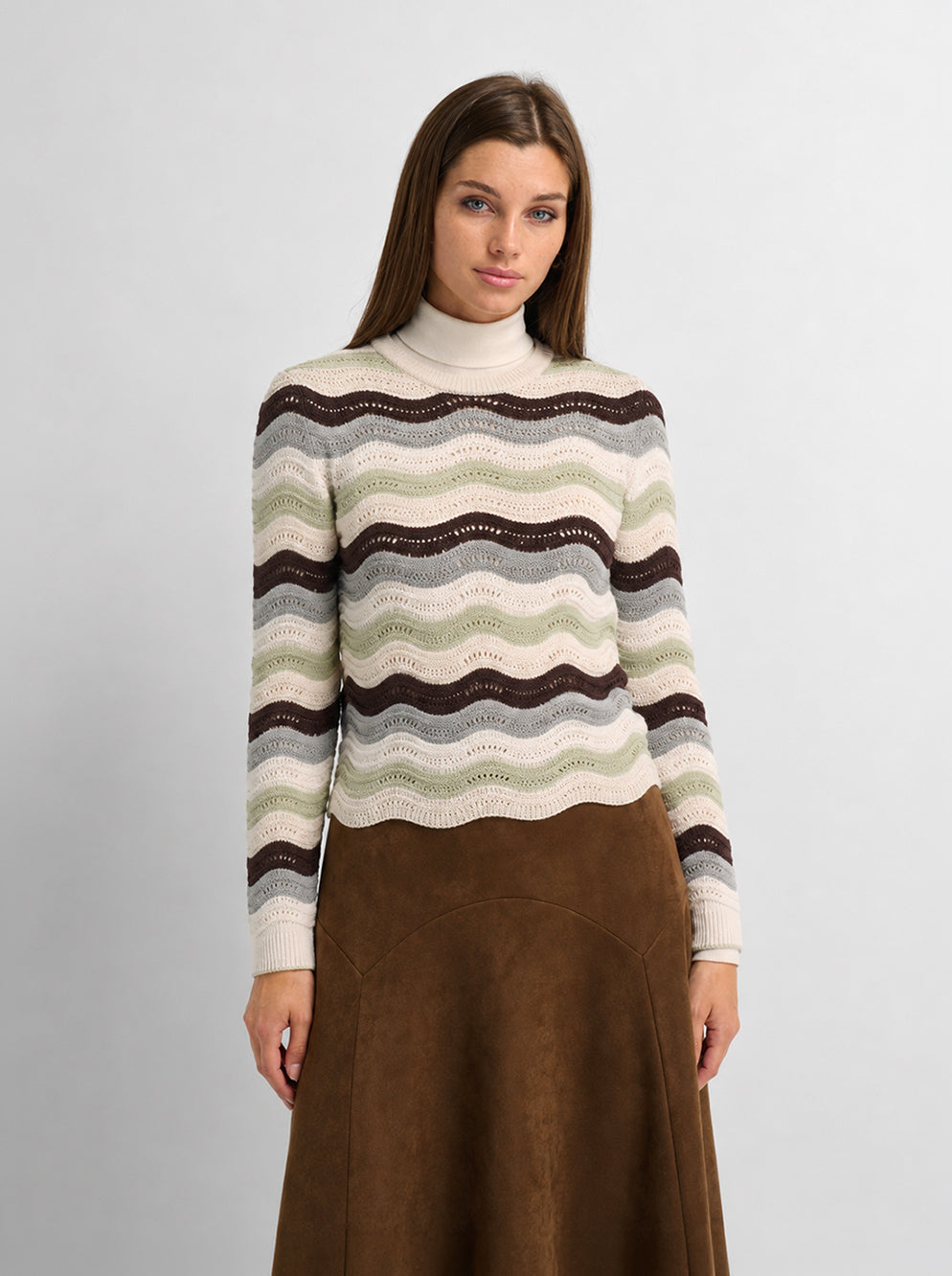 Crochet Stripe Sweater - Brown/Green/Cream