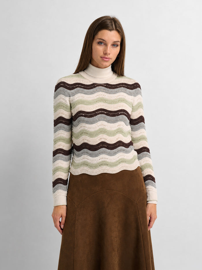Crochet Stripe Sweater - Brown/Green/Cream