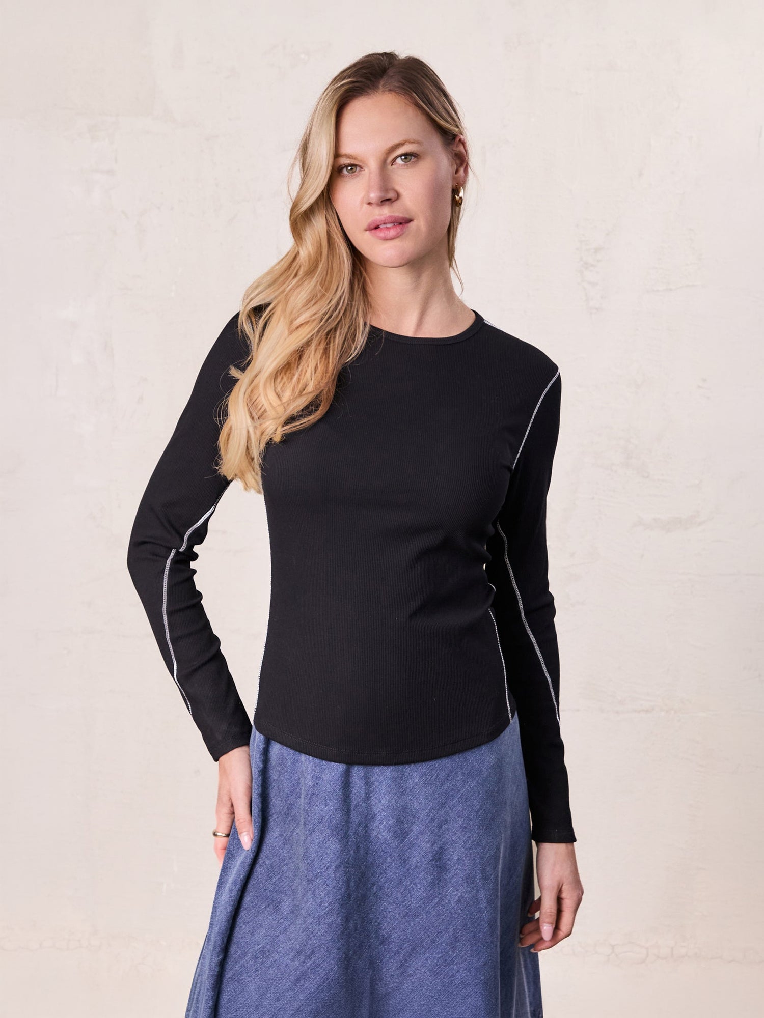 Cross Stitch Ribbed T-Shirt-Black