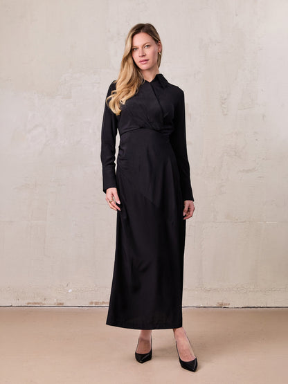 Crossover Side Pleat Dress-Black