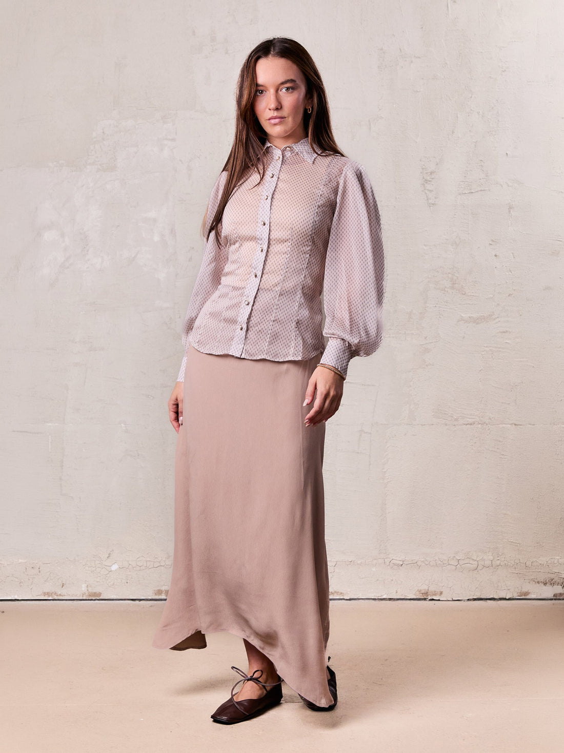 Curved Hem Maxi Skirt-Tan