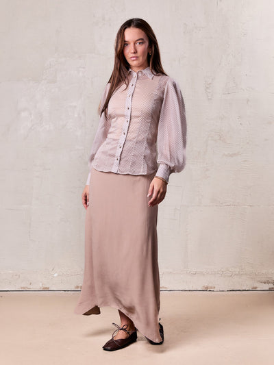 Curved Hem Maxi Skirt-Tan