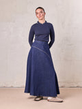 Curved Stitch Design Denim Skirt-Dark Blue