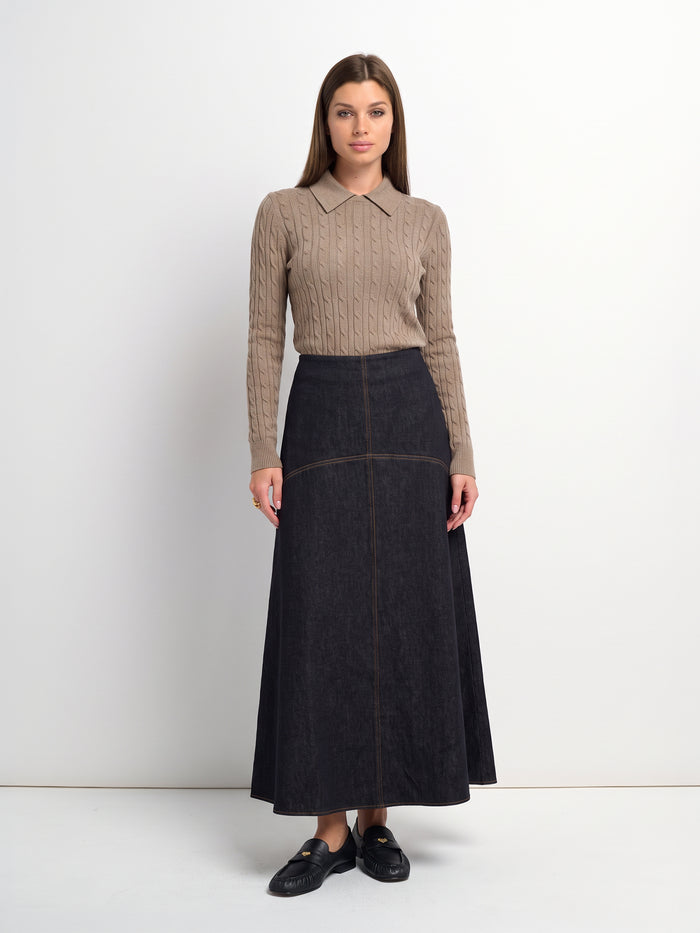 Curved Yoke Aline Denim Skirt - Black