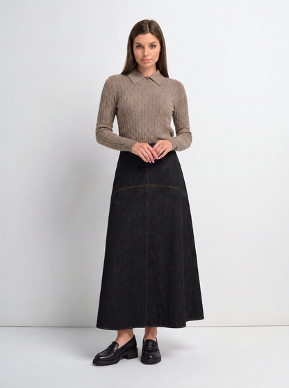 Curved Yoke Aline Denim Skirt - Black