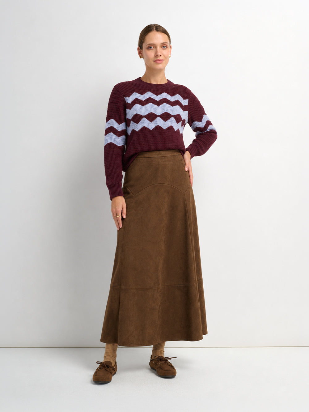 Waffle Designed Sweater - Burgundy/Light Blue