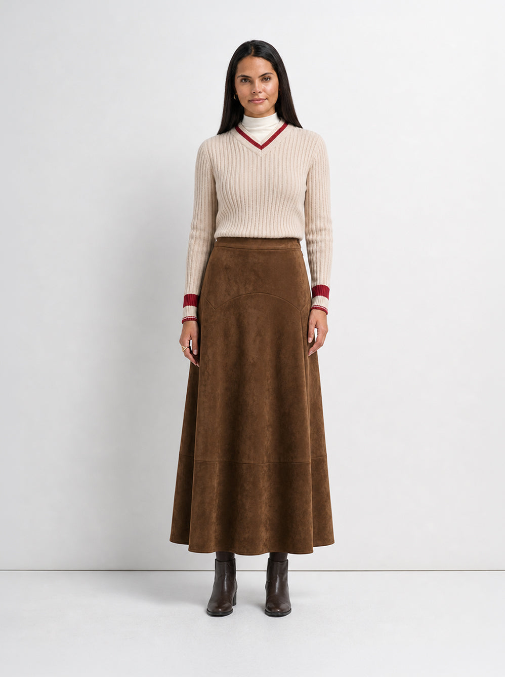Curved Yoke Faux Suede Skirt - Brown