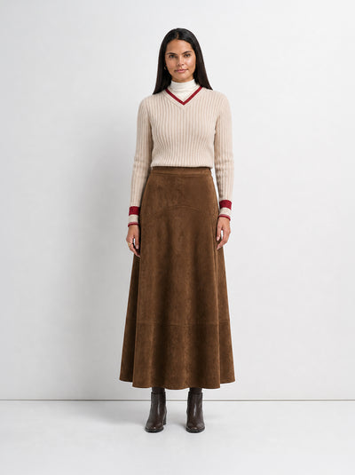 Curved Yoke Faux Suede Skirt - Brown