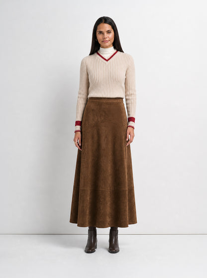 Curved Yoke Faux Suede Skirt - Brown