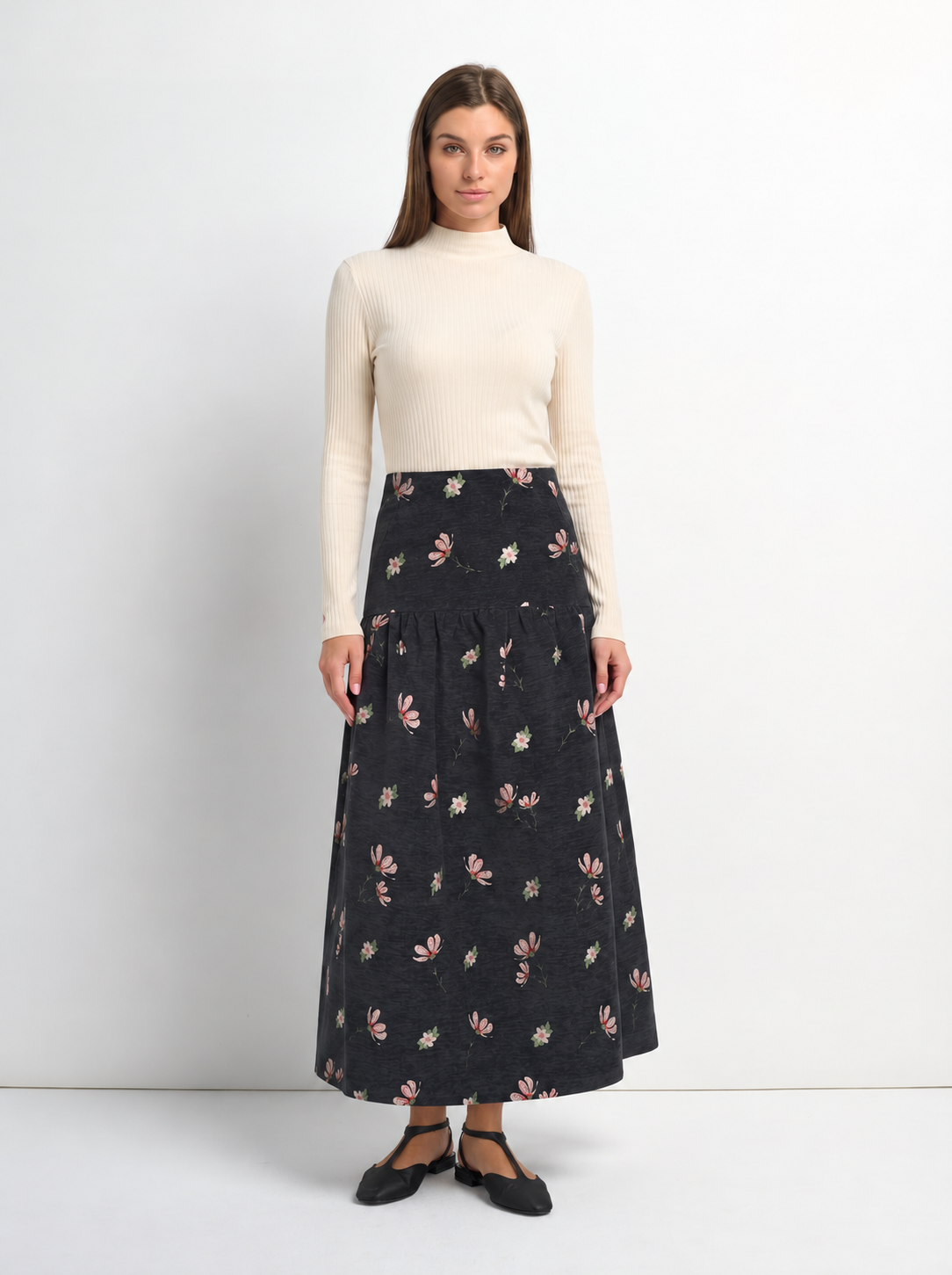 Curved Yoke Gathered Skirt - Embroidered Flowers