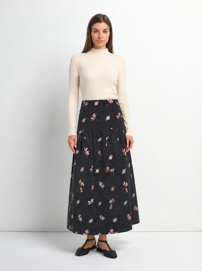 Curved Yoke Gathered Skirt - Embroidered Flowers
