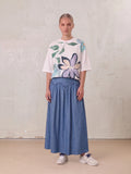 Curved Yoke Ruffle Denim Skirt - Blue