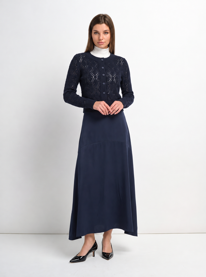 Curved Yoke Faux Satin Skirt - Navy
