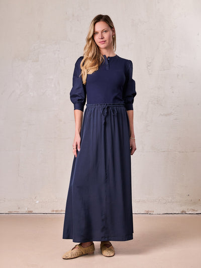 DRAWSTRING RUFFLE SKIRT-NAVY