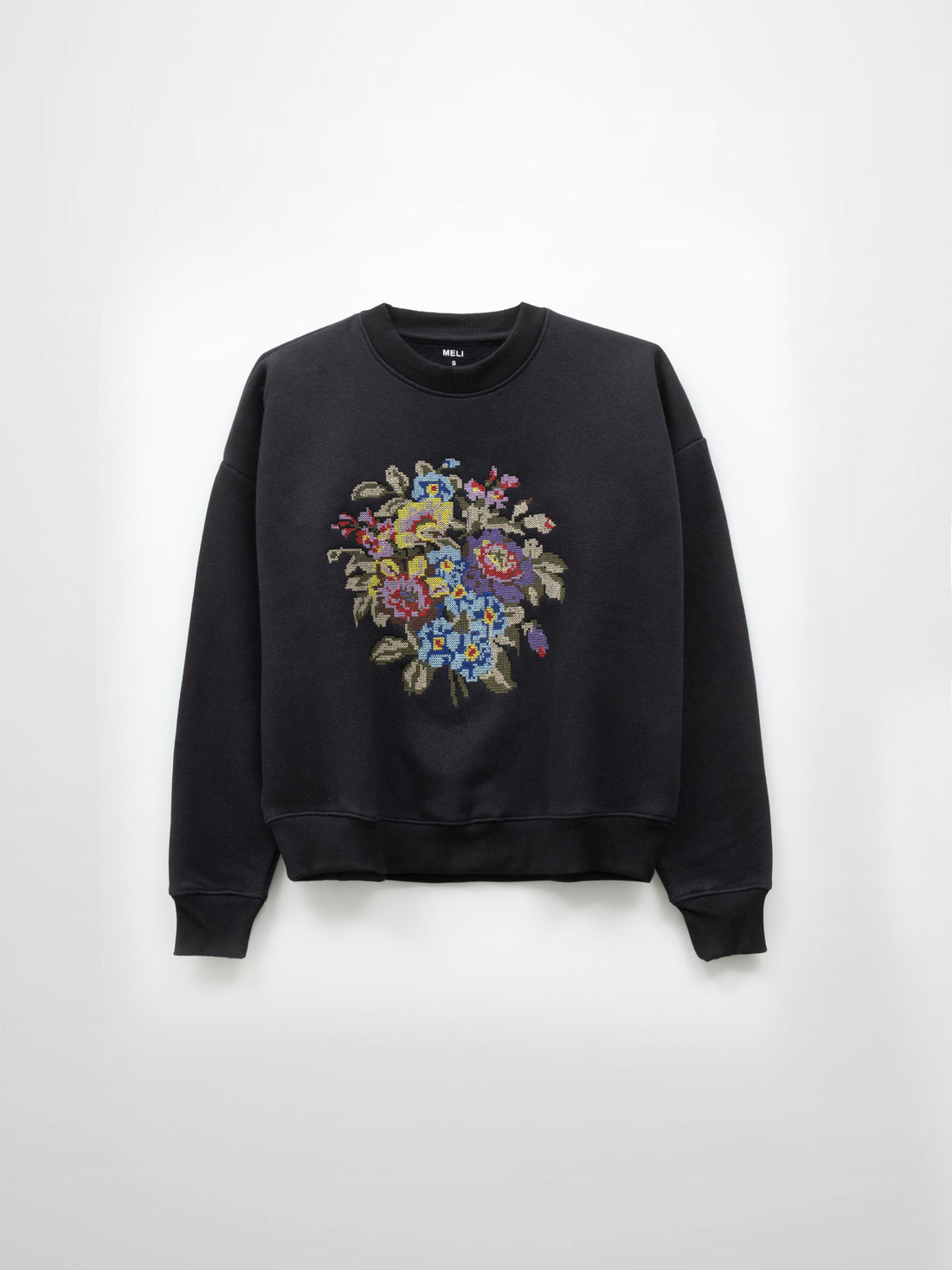 Cross Stitch Floral Sweatshirt-Black