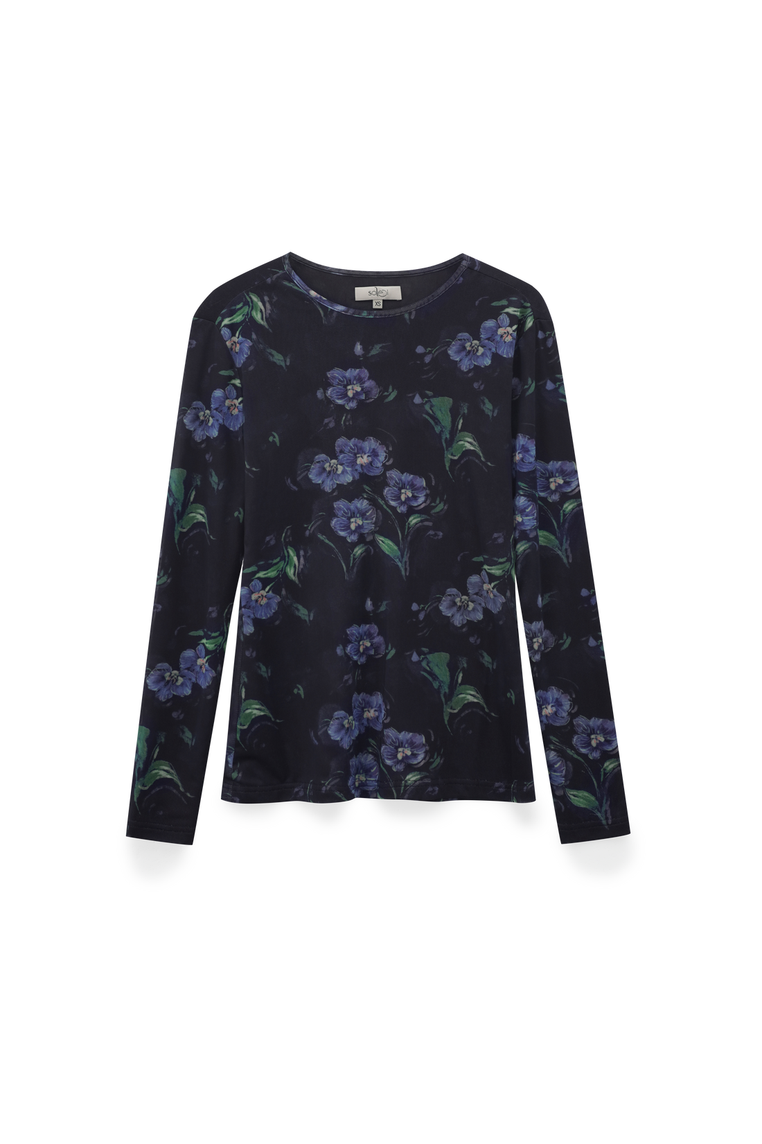Mesh Crew Neck Print Top-Blue Floral