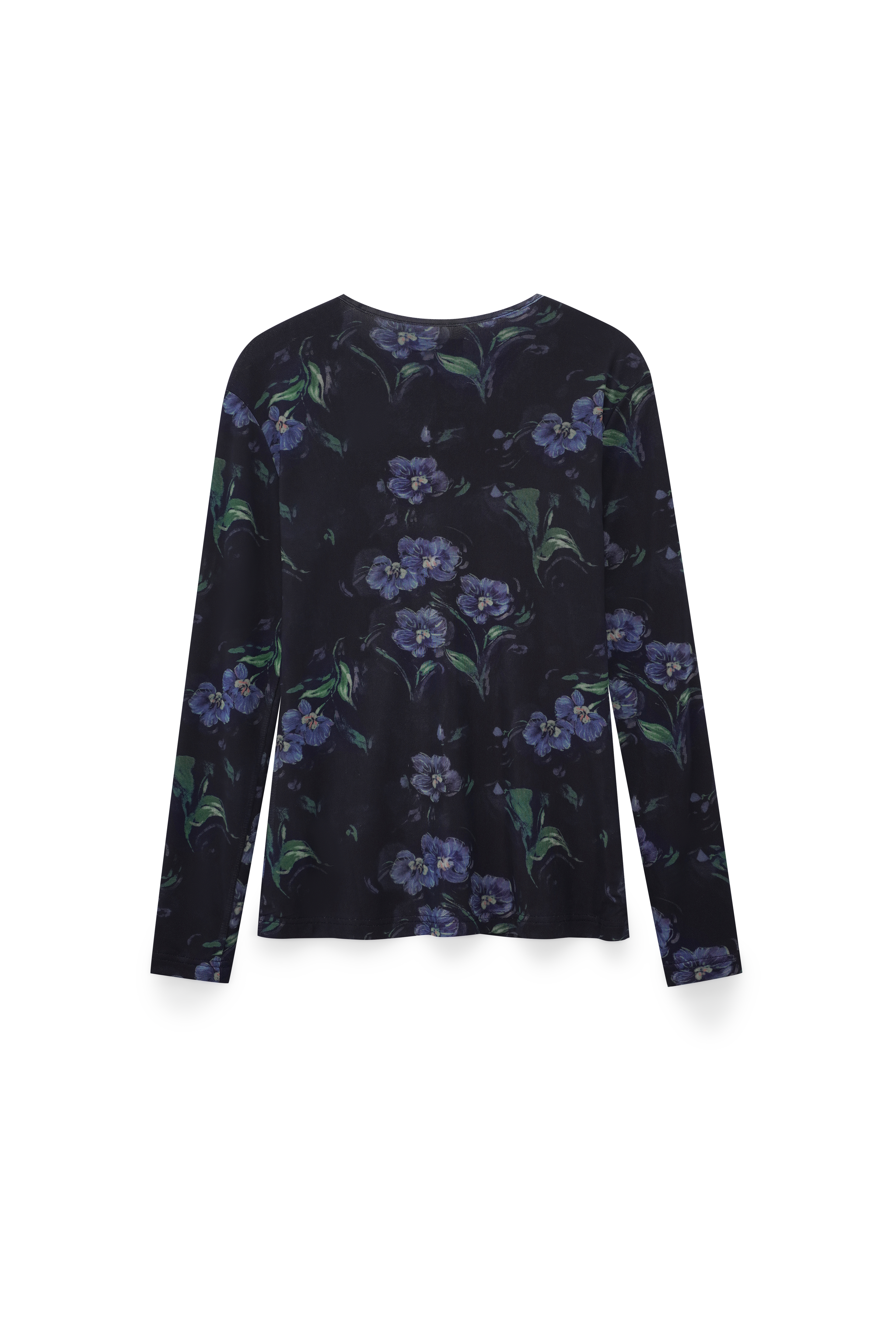 Mesh Crew Neck Print Top-Blue Floral