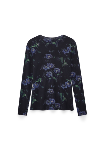 Mesh Crew Neck Print Top-Blue Floral