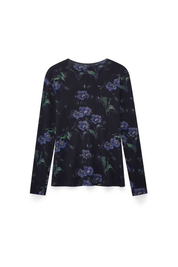 Mesh Crew Neck Print Top-Blue Floral