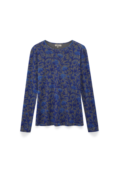 Mesh Crew Neck Print Top-Blue/Grey Vines
