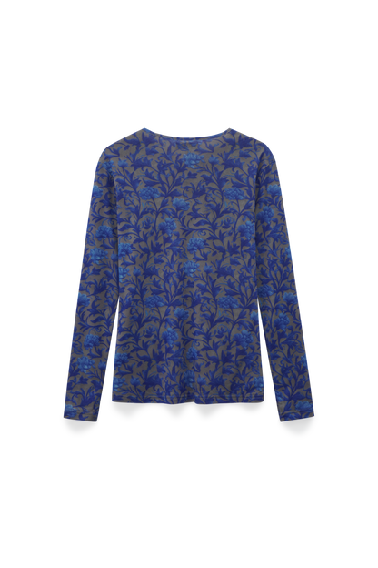 Mesh Crew Neck Print Top-Blue/Grey Vines