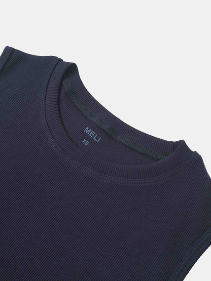 RIBBED CREW SLEEVELESS SHELL-NAVY