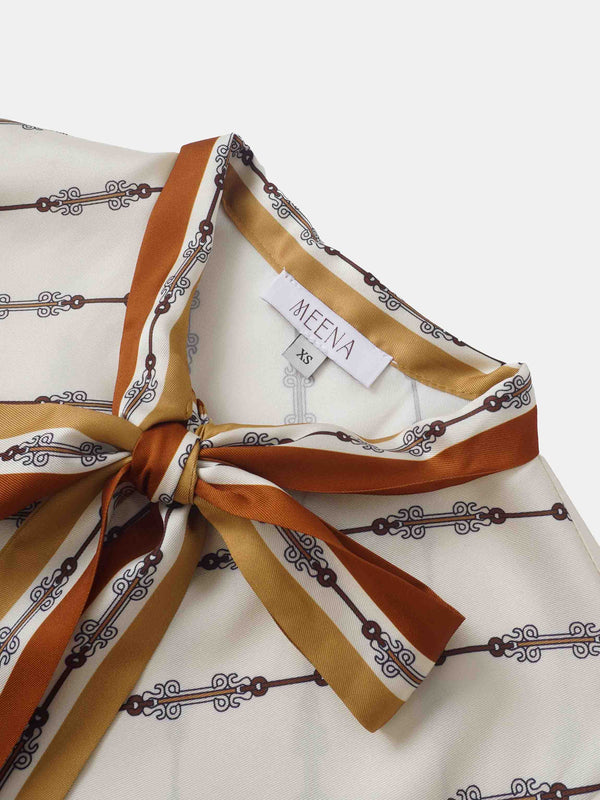 Button Down Bow Blouse - Boarder Print