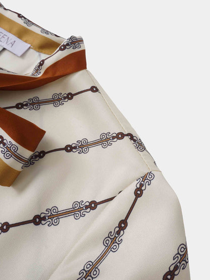 Button Down Bow Blouse - Boarder Print