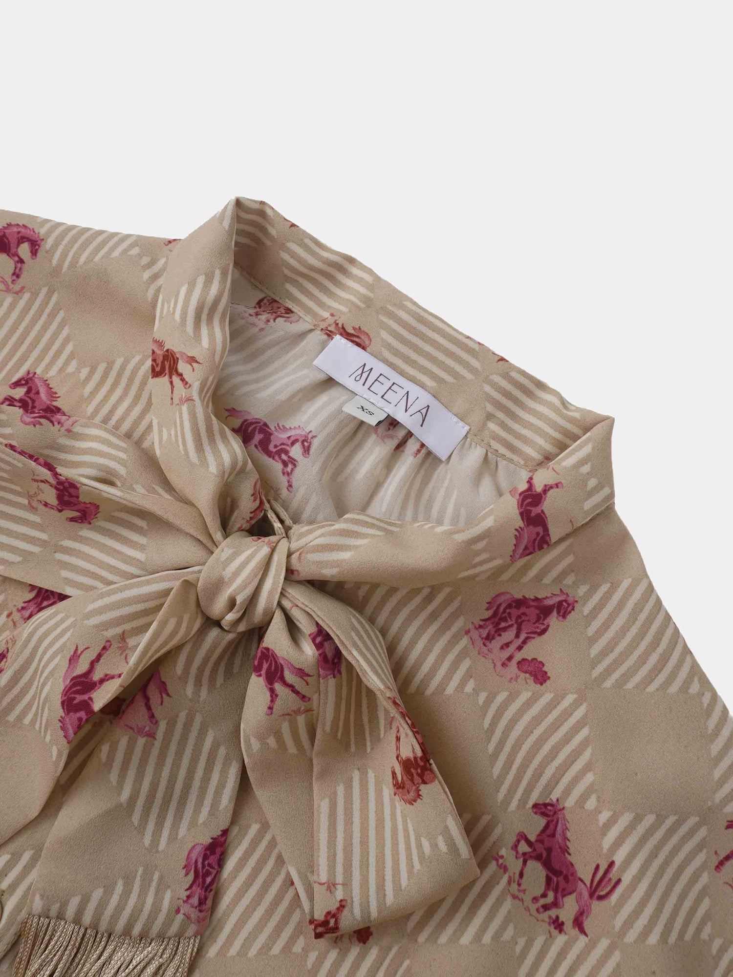 Printed Tassel Bow Blouse - Burgundy Pony
