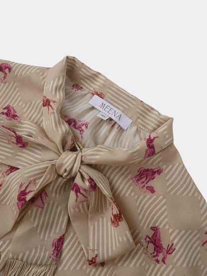 Printed Tassel Bow Blouse - Burgundy Pony