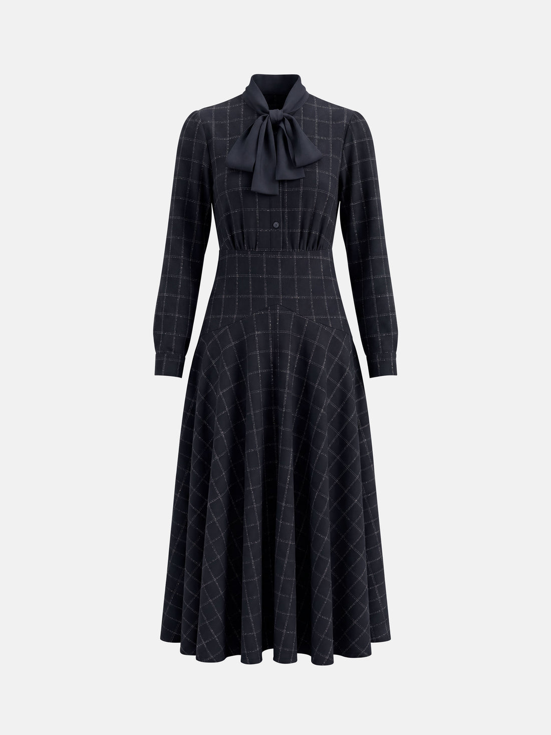 Satin Tie Yoke Dress - Navy Plaid
