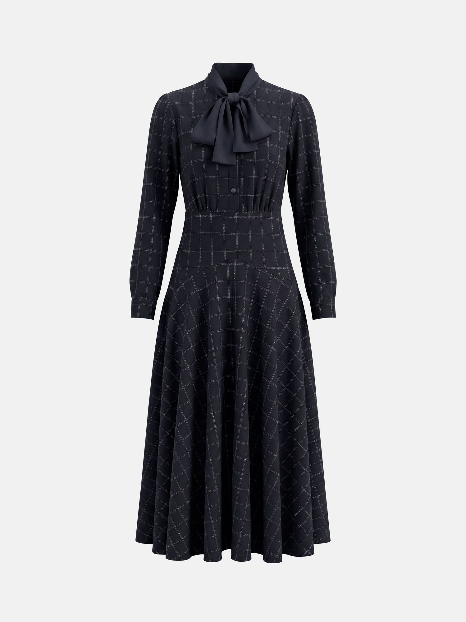 Satin Tie Yoke Dress - Navy Plaid
