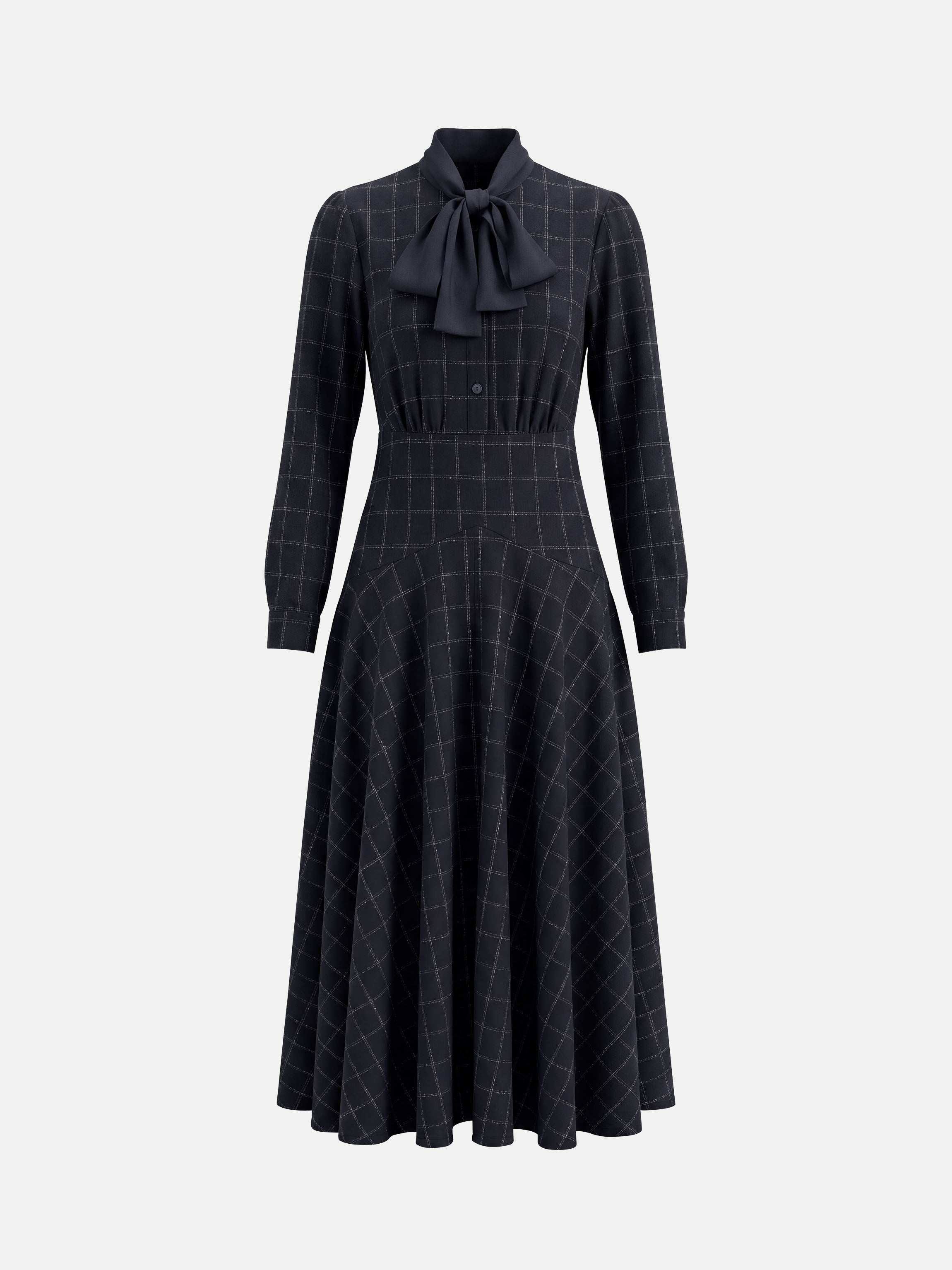 Satin Tie Yoke Dress - Navy Plaid
