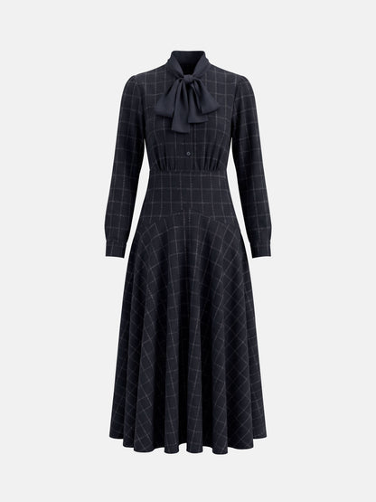 Satin Tie Yoke Dress - Navy Plaid
