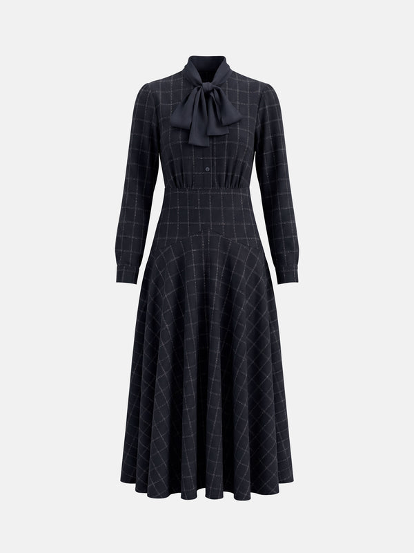 Satin Tie Yoke Dress - Navy Plaid