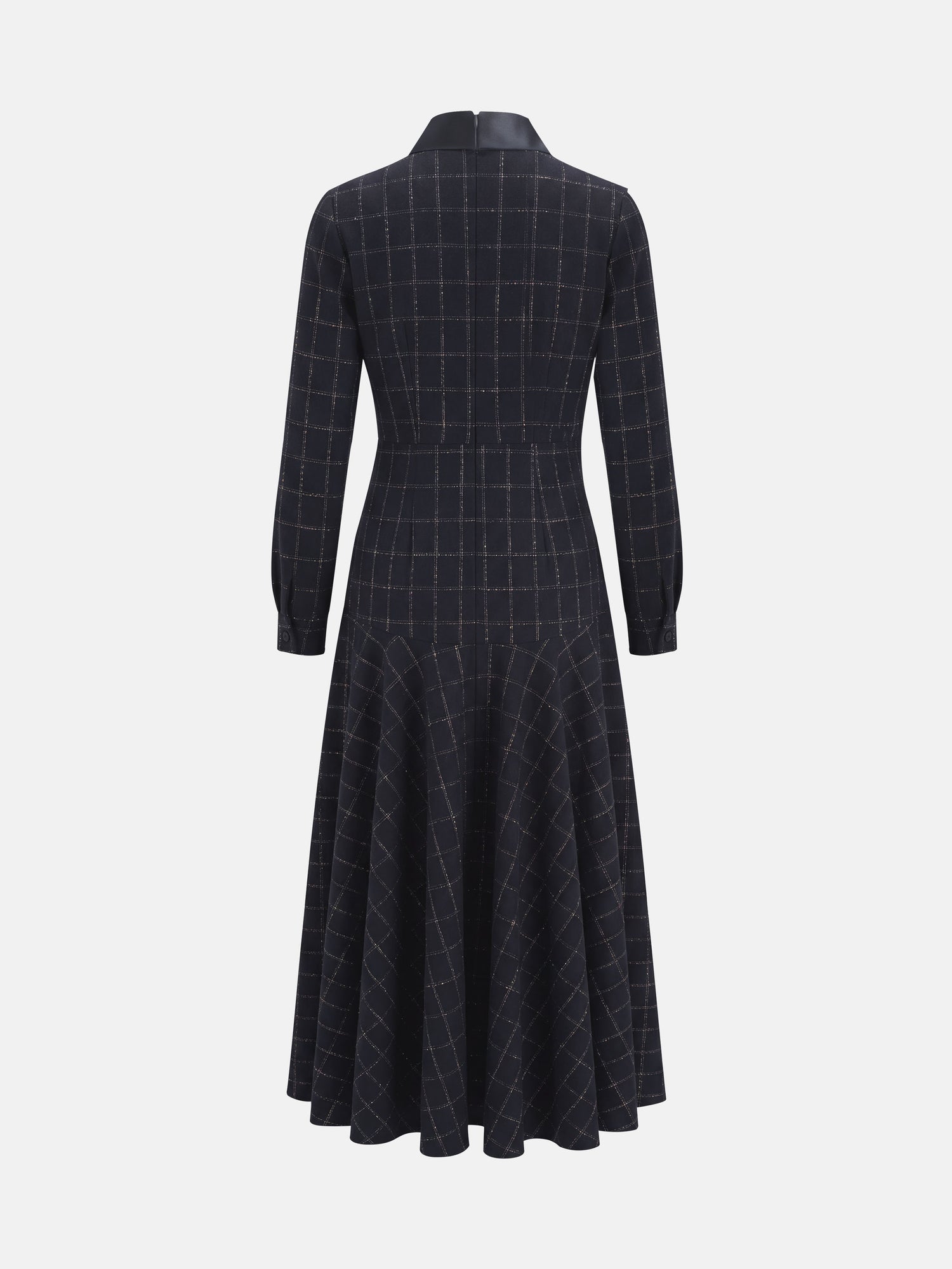 Satin Tie Yoke Dress - Navy Plaid