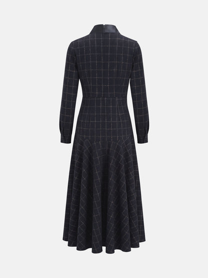 Satin Tie Yoke Dress - Navy Plaid