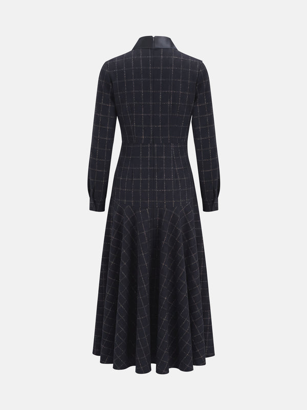 Satin Tie Yoke Dress - Navy Plaid