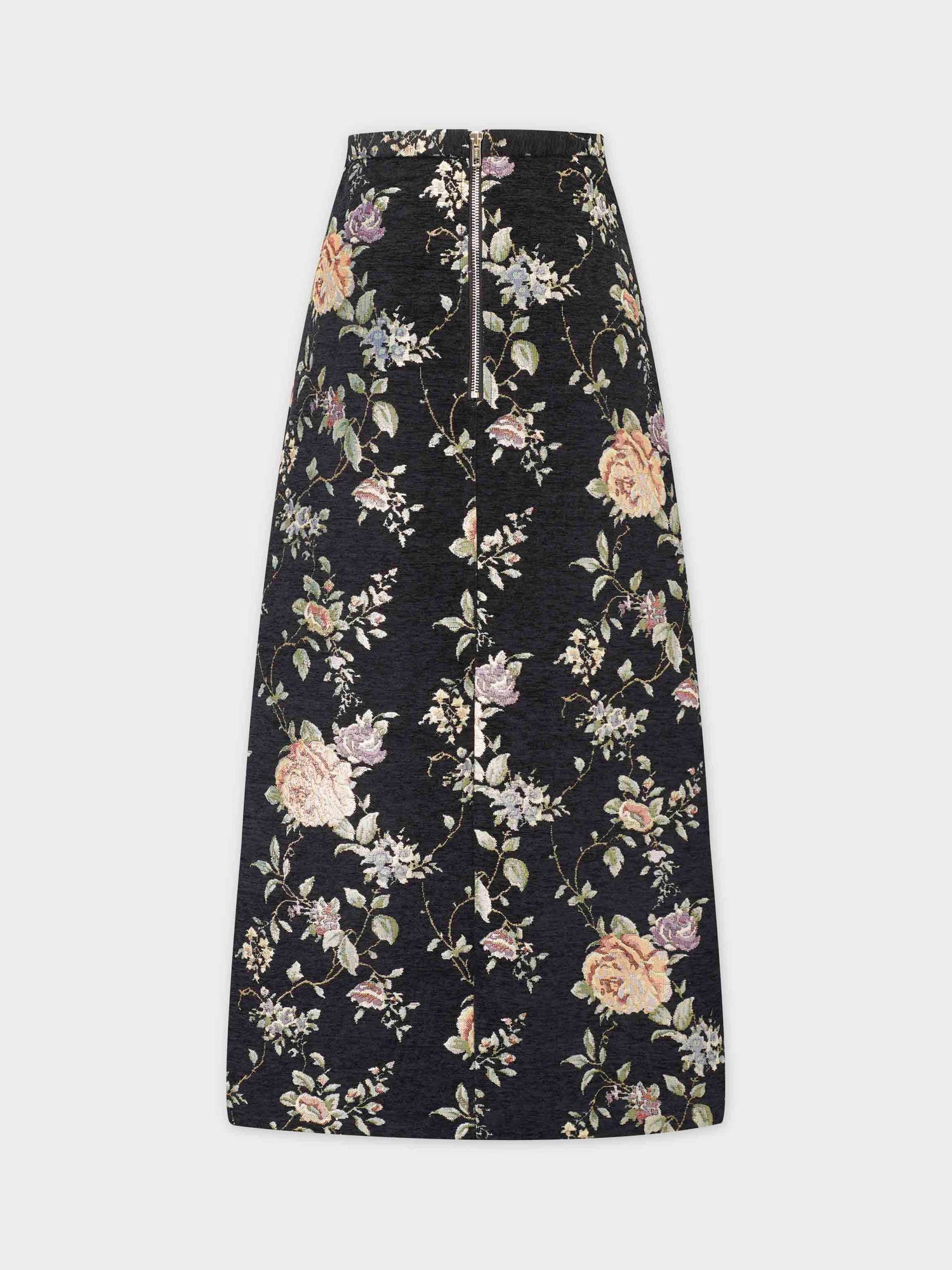 Brocade Midi Skirt-Black Floral