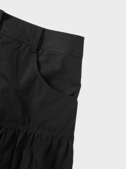 Gathered Drop Waist Yoke Skirt-Black