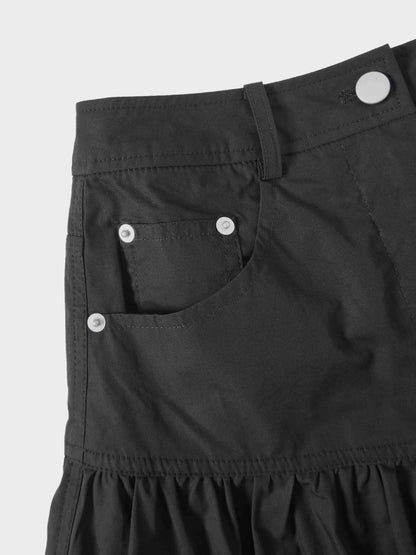 Gathered Drop Waist Yoke Skirt-Black