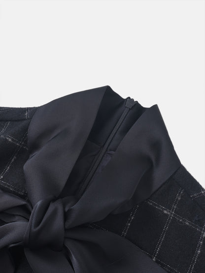 Satin Tie Yoke Dress - Navy Plaid