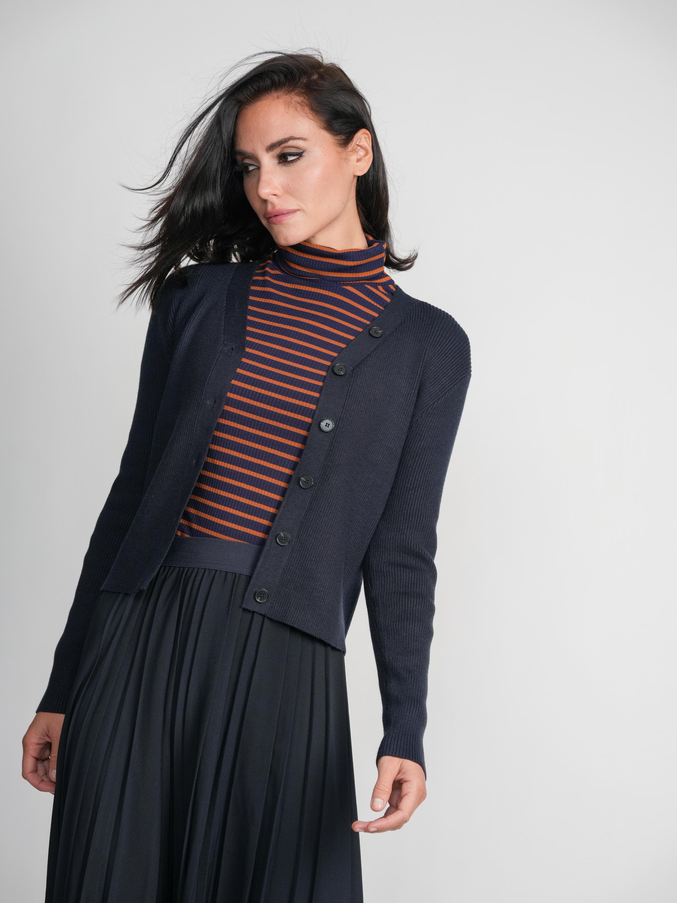 STRIPE RIBBED TURTLENECK-BROWN/NAVY