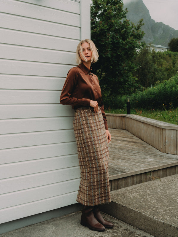 Straight Maxi Skirt - Camel Plaid
