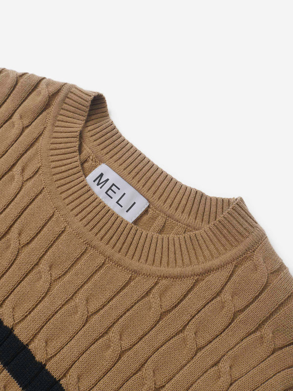 Striped Cable Knit Sweater - Tan/Black and White Stripe