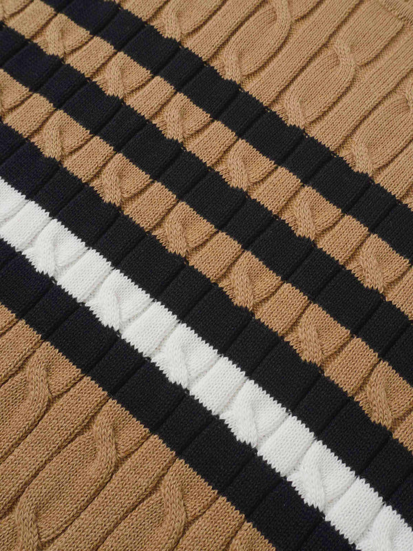 Striped Cable Knit Sweater - Tan/Black and White Stripe