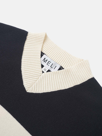 V Neck Wide Stripe Sweater - Navy/Cream