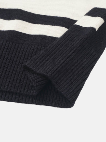 V Neck Wide Stripe Sweater - Navy/Cream