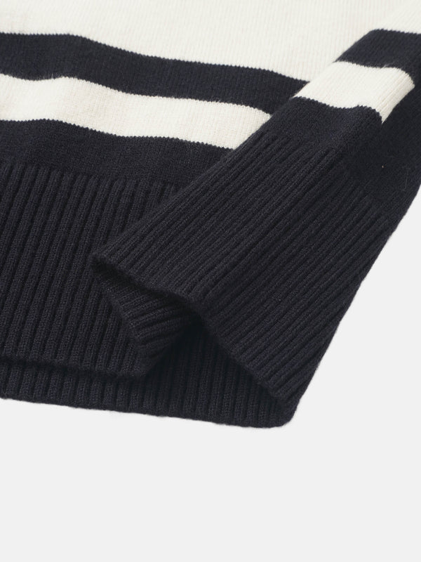 V Neck Wide Stripe Sweater - Navy/Cream