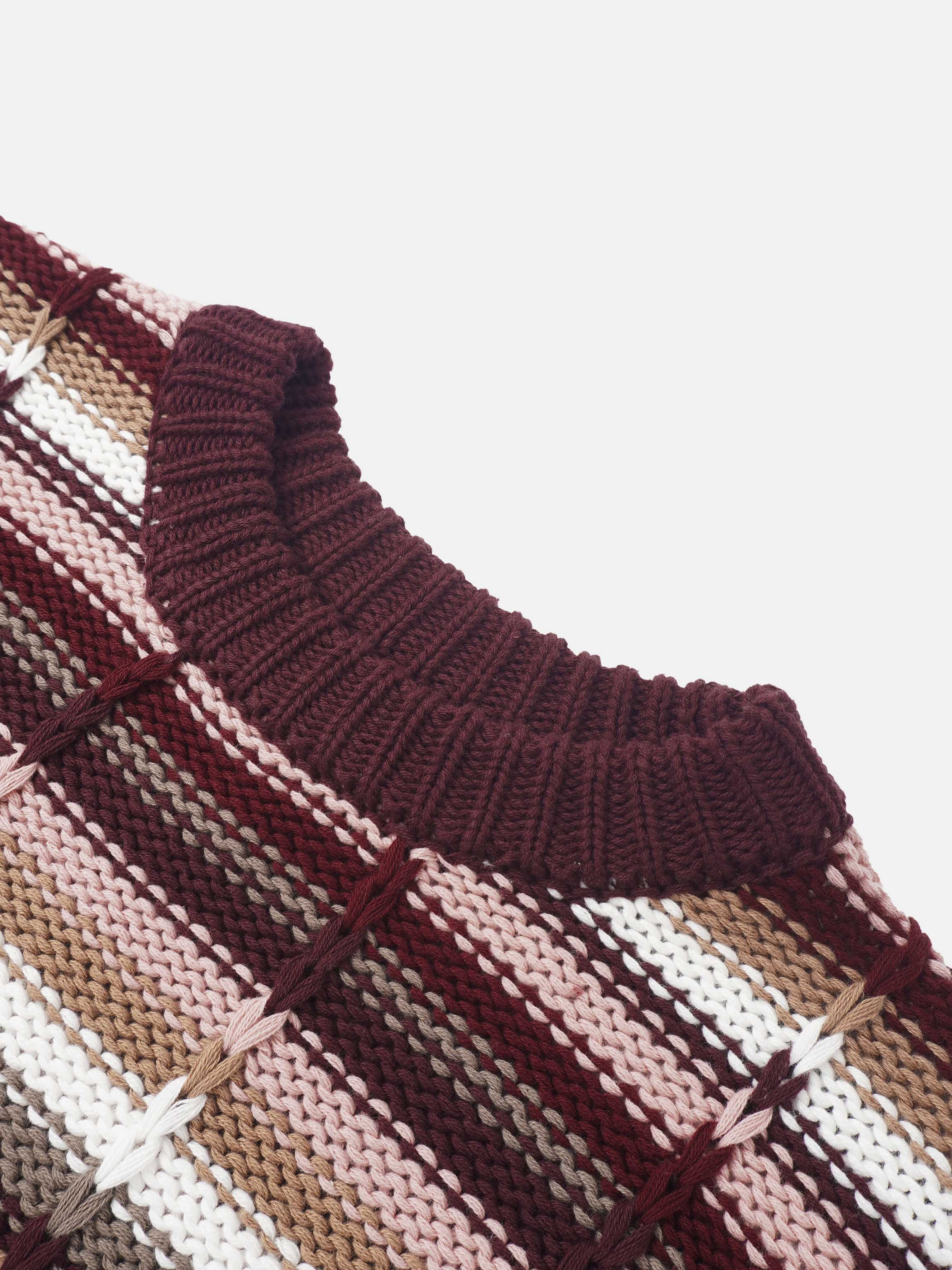 Overstitch Detail Striped Sweater - Burgundy Stripe
